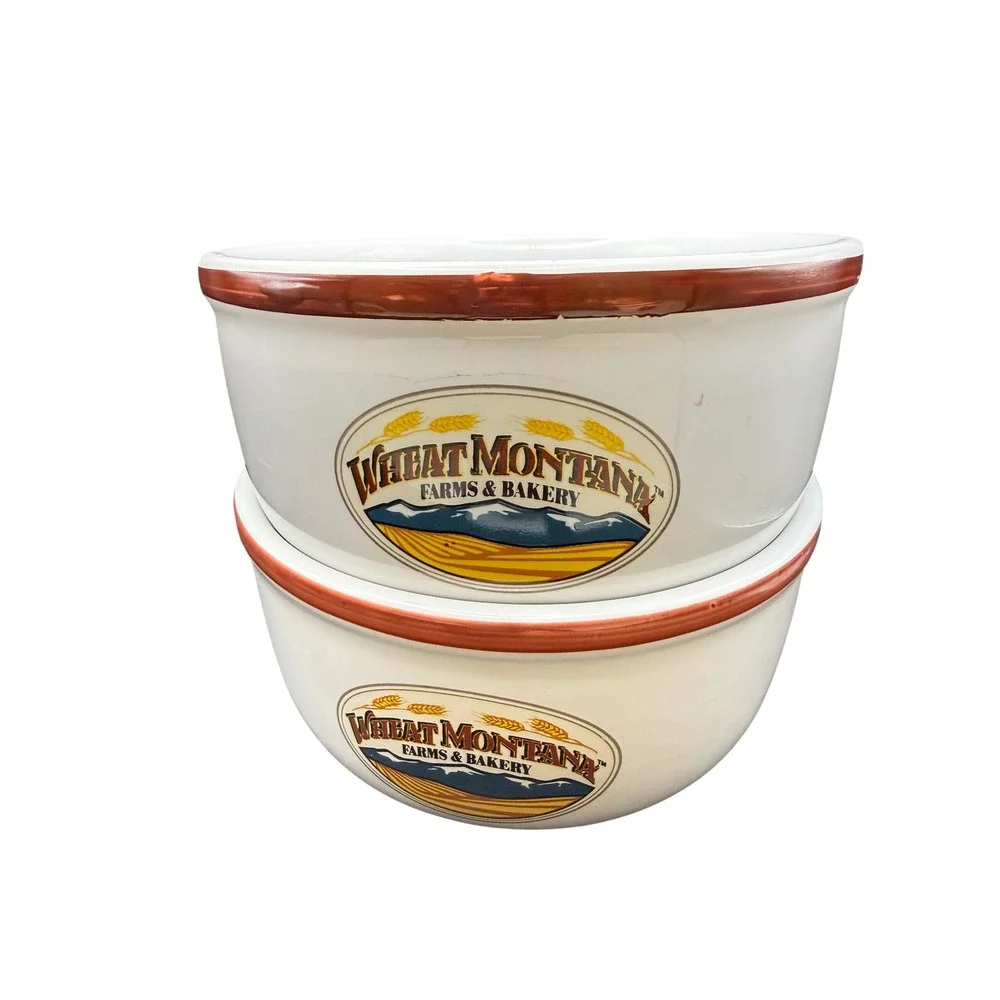Wheat Montana Farms & Bakery Ceramic Bowls Set of 2 White Brown Rim 6 Inch